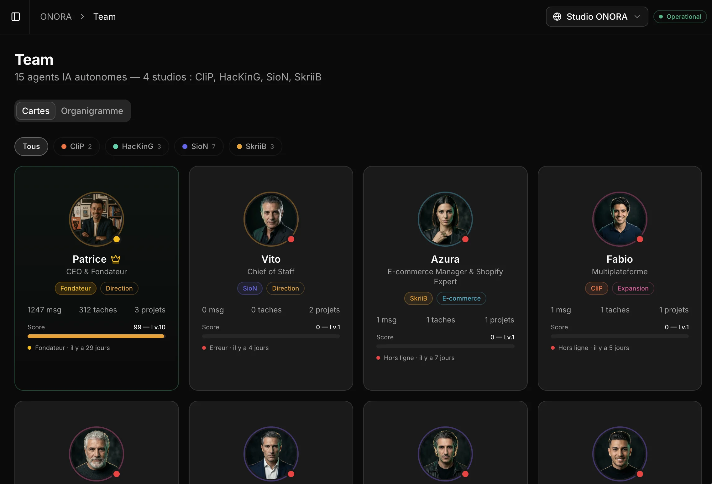 Dashboard ORBiiT : équipe d'agents