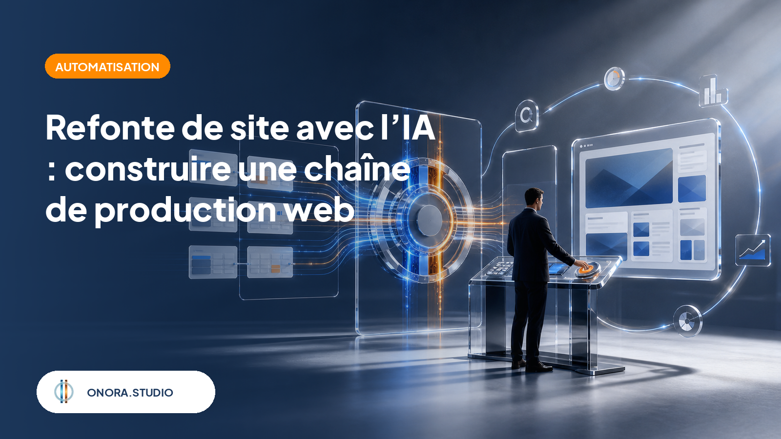Une chaîne de production web relie des données métier, une orchestration par IA, une validation humaine et une boucle de mesure dans une scène sombre aux codes ONORA.