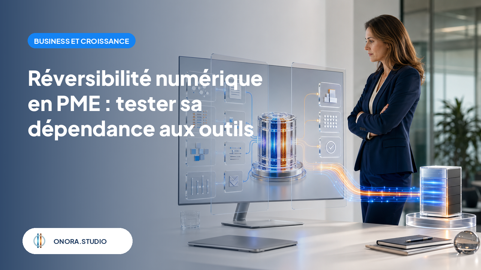 Une dirigeante supervise un système numérique modulaire où les données métier restent protégées et peuvent suivre une voie de continuité indépendante.
