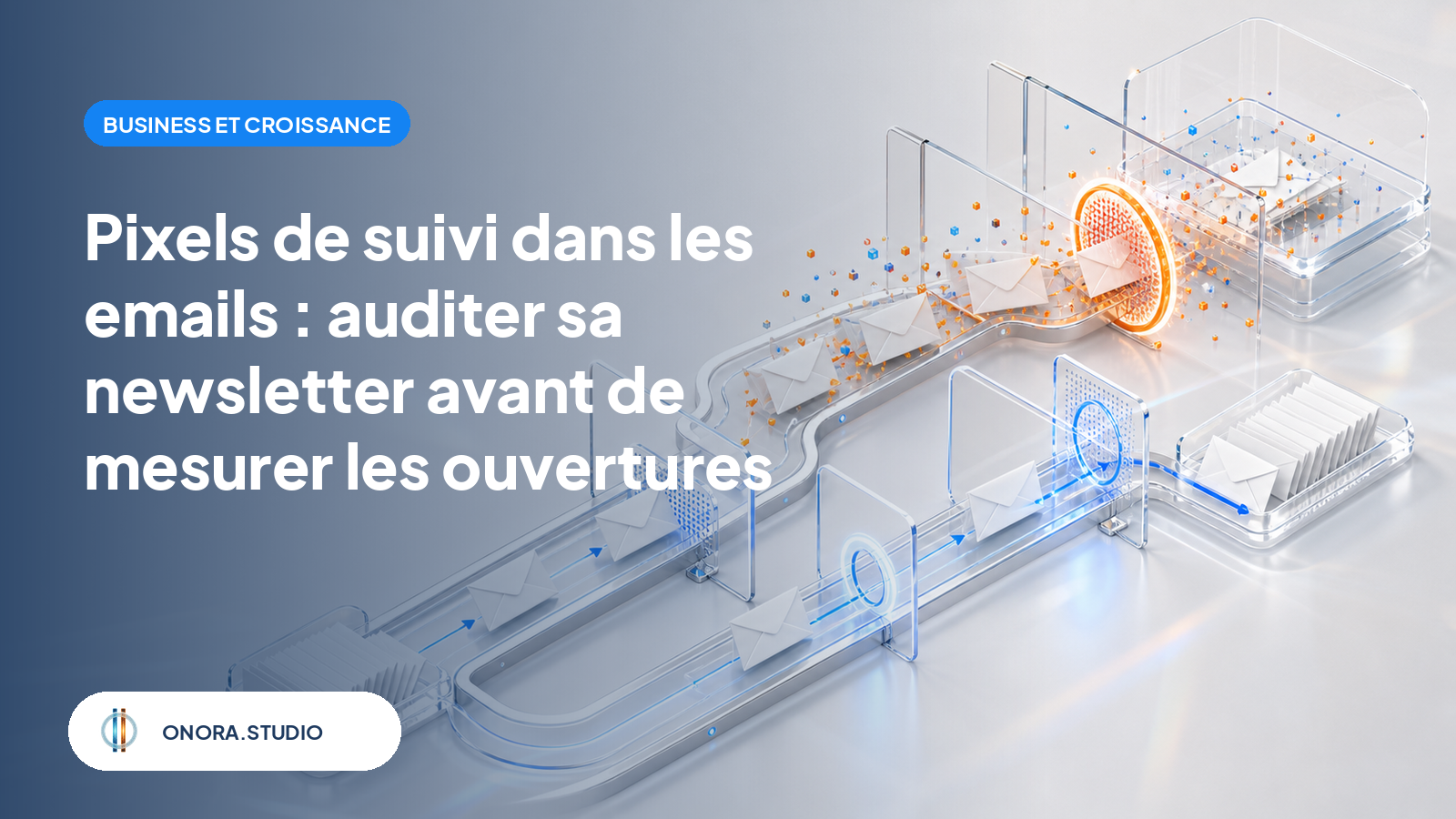 Illustration d'un flux d'emails passant par plusieurs contrôles, avec une voie de mesure minimale séparée d'une voie de profilage détaillé mise à l'écart.