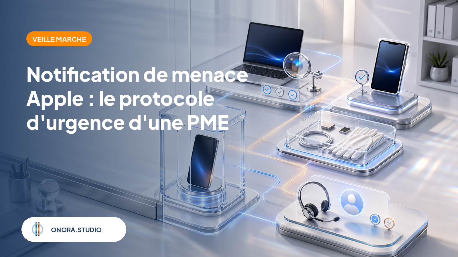 Illustration d'un smartphone générique isolé au centre d'un protocole de réponse comprenant vérification, continuité de travail, conservation et assistance spécialisée.